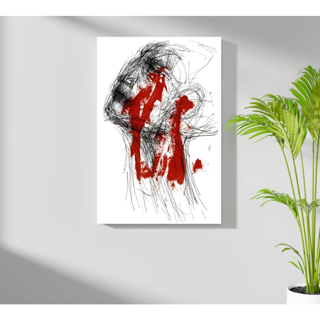 Bold red black abstract art print on white background for modern homes