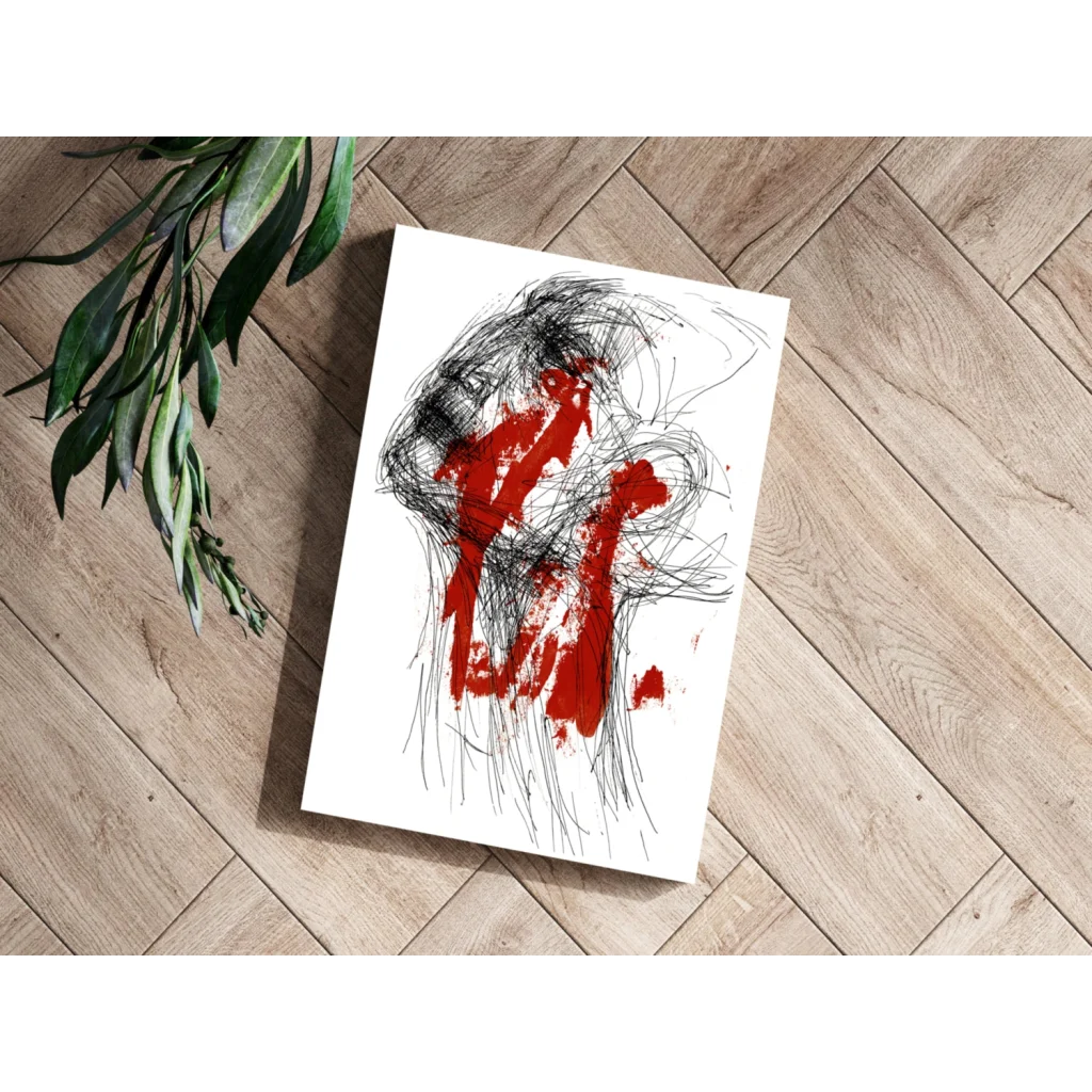 Bold red and black abstract art print on white canvas for modern homes