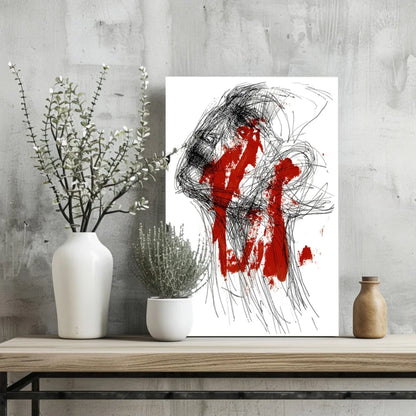 Bold red black abstract art print on white background