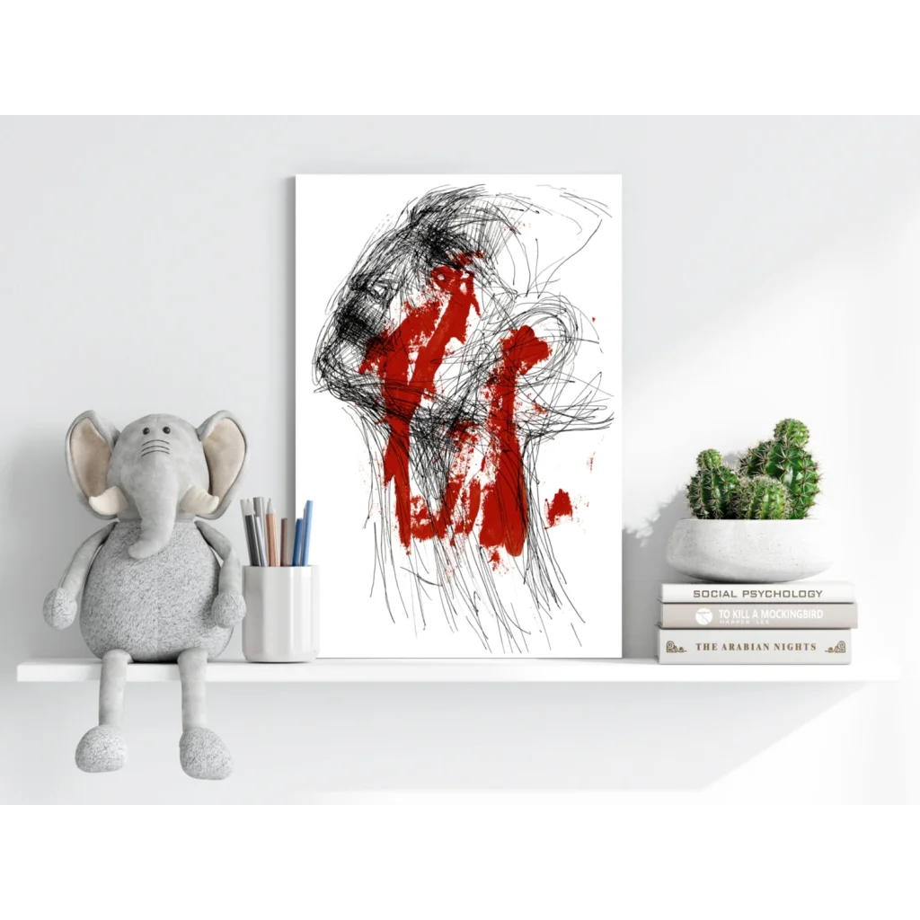 Bold red black abstract art print on white background with textured lines