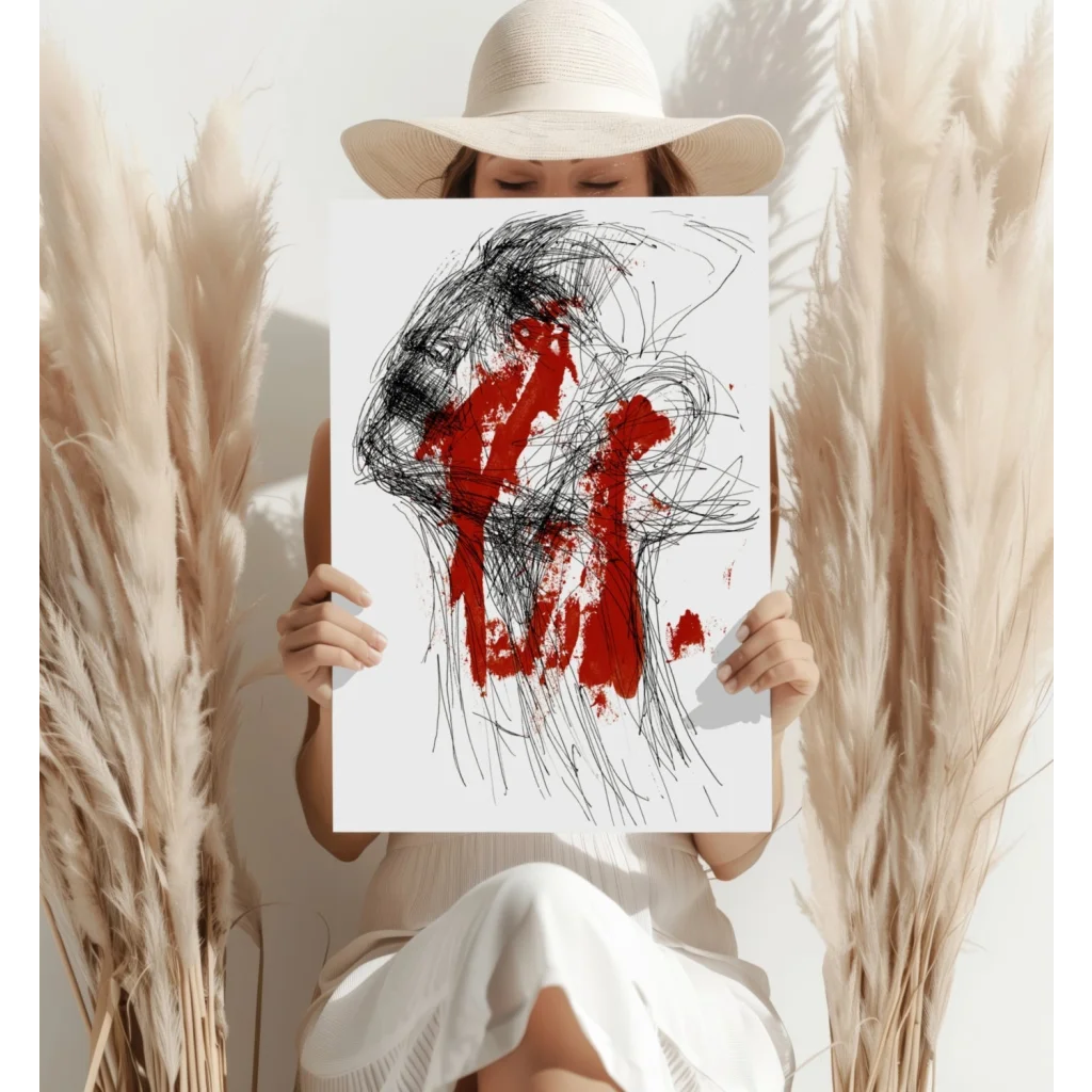 Bold red black abstract aluminum art print with flowing lines for modern homes