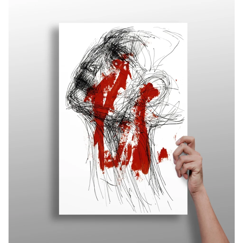 Bold red black abstract art print with scribbled lines for modern homes