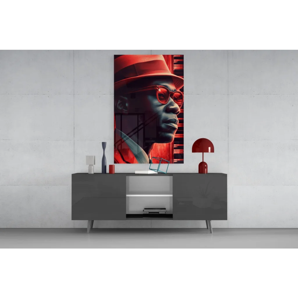 Bold black and red abstract portrait wall art print with fedora style