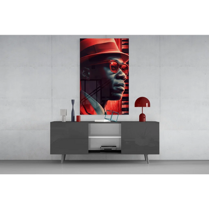 Bold black and red abstract portrait wall art print with fedora style