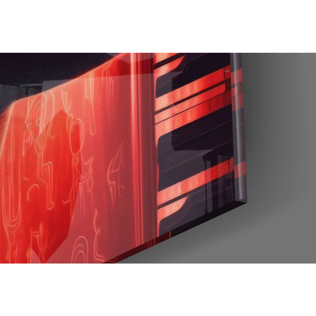 Red glossy MacBook Pro wall art print with black accents and fedora style