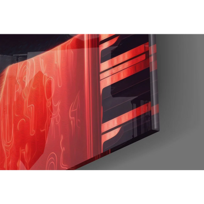 Red glossy MacBook Pro wall art print with black accents and fedora style