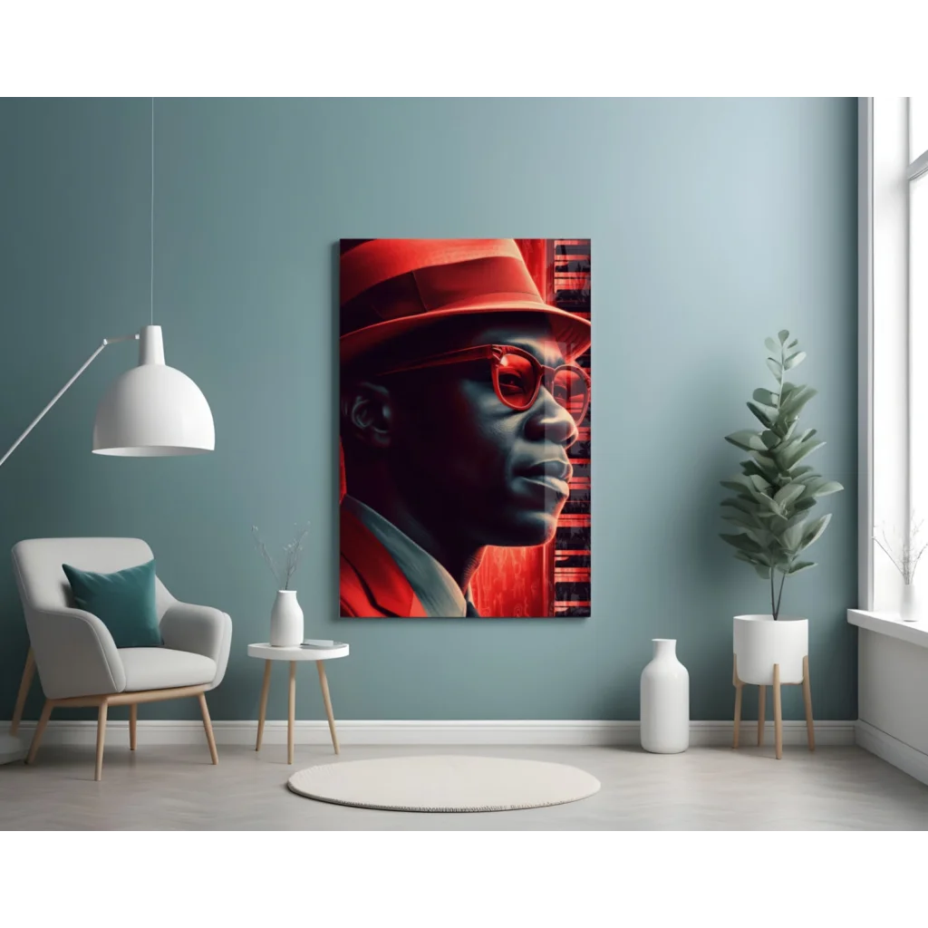 Bold red black portrait wall art print of man in fedora and sunglasses