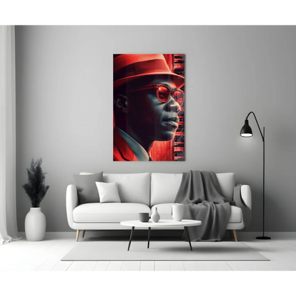 Bold red black portrait wall art print of man in fedora hat, sunglasses, jacket