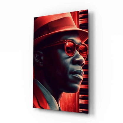 Bold red leather jacket with black sunglasses and fedora wall art print
