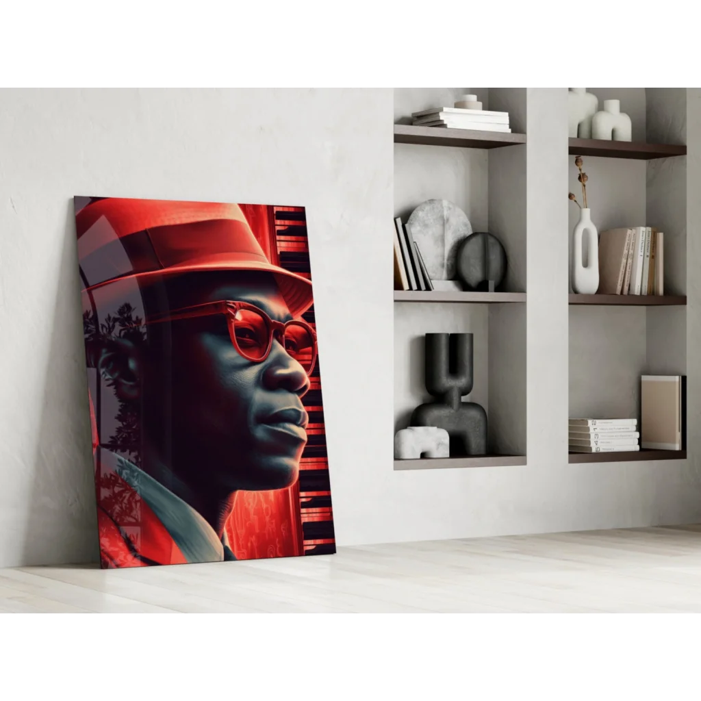 Bold red black portrait wall art print of man in sunglasses and fedora