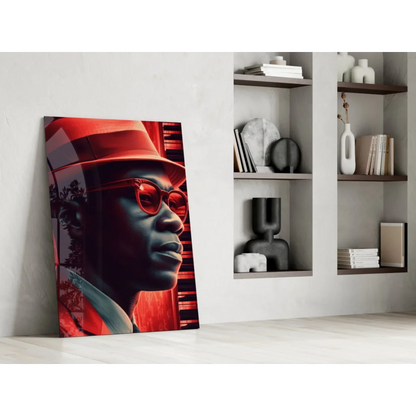 Bold red black portrait wall art print of man in sunglasses and fedora