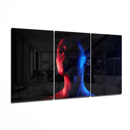 Bold red and blue face triptych wall art canvas print on black background