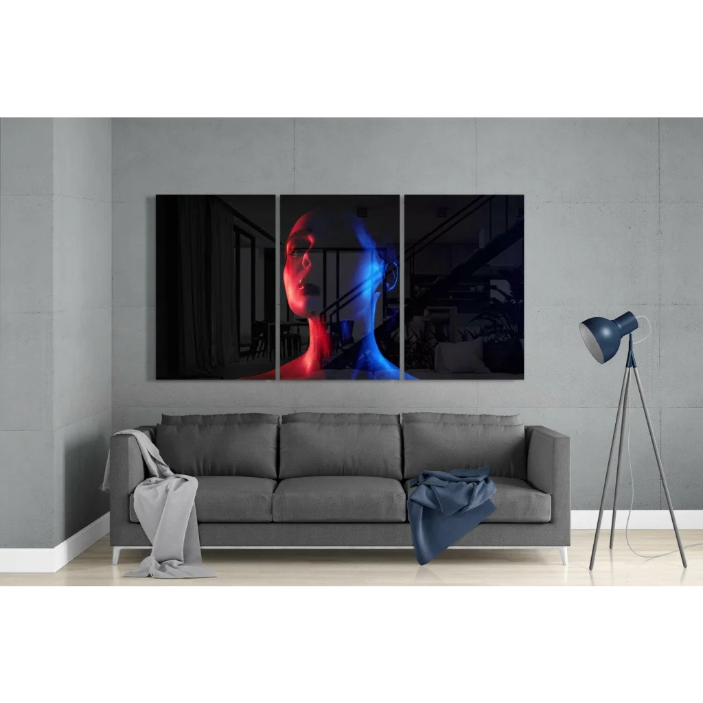 Bold red and blue face triptych wall art canvas print