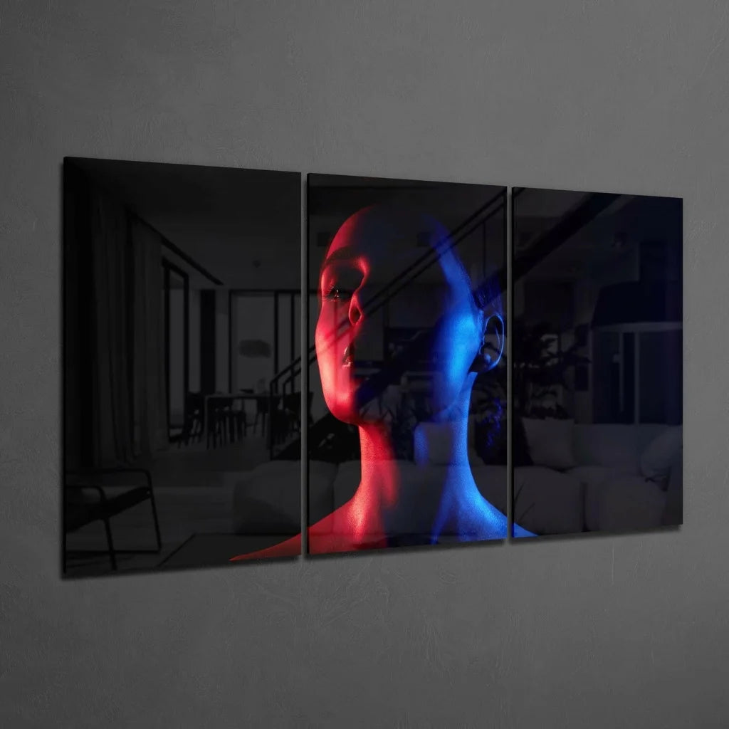 Bold red and blue face triptych wall art canvas print with modern human figure