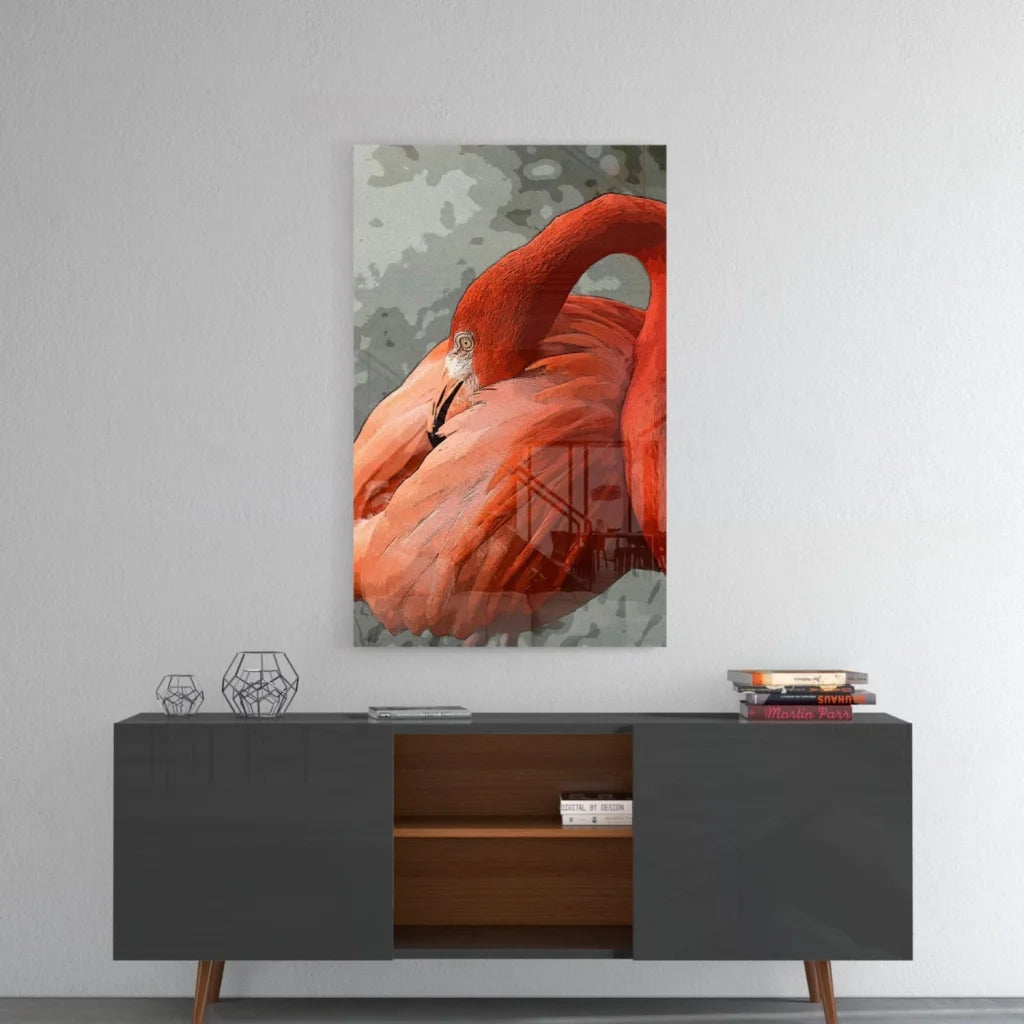Vibrant pink flamingo glass wall art canvas print on gray background