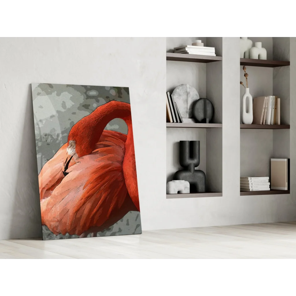 Bold red flamingo glass wall art print with camo background