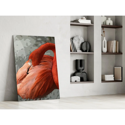 Bold red flamingo glass wall art print with camo background