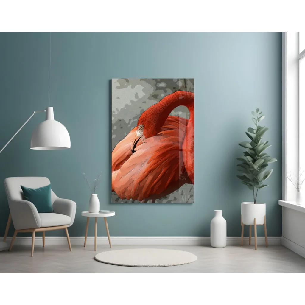 Bold red flamingo glass wall art canvas print with black beak and textured feathers