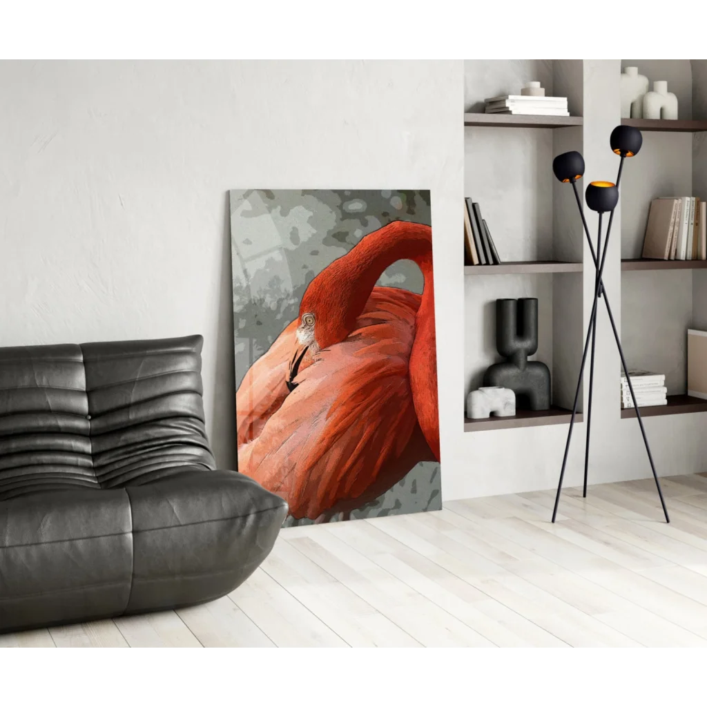 Bold red flamingo glass wall art canvas print with black accents