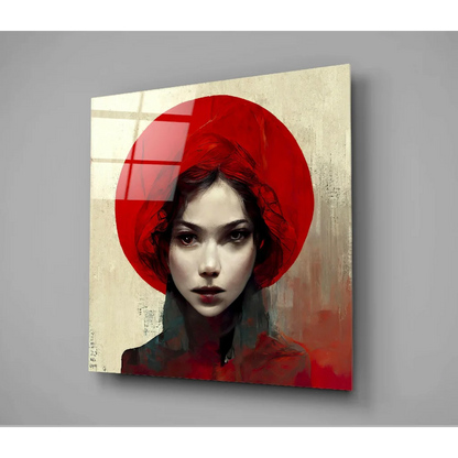 Bold red halo portrait woman in modern abstract glass wall art