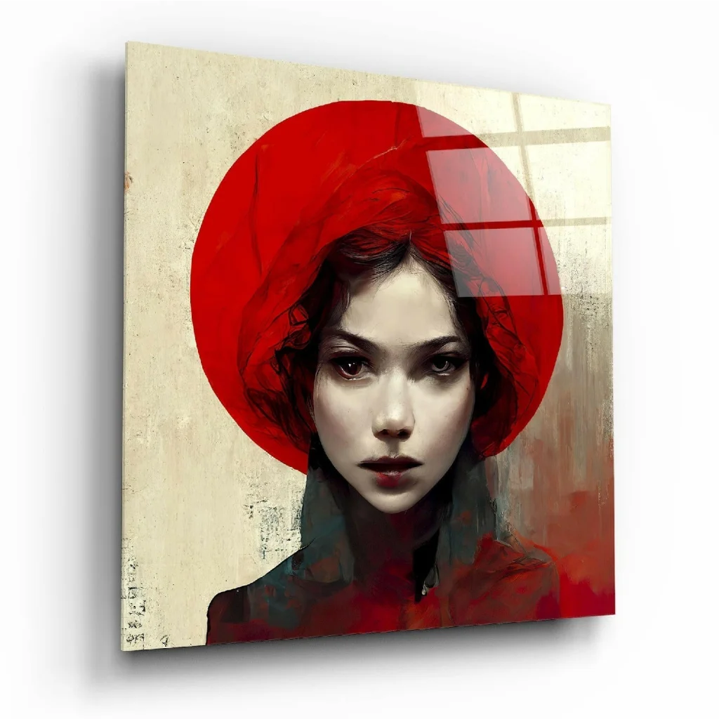 Bold red halo frames intense-eyed woman in modern abstract glass wall art