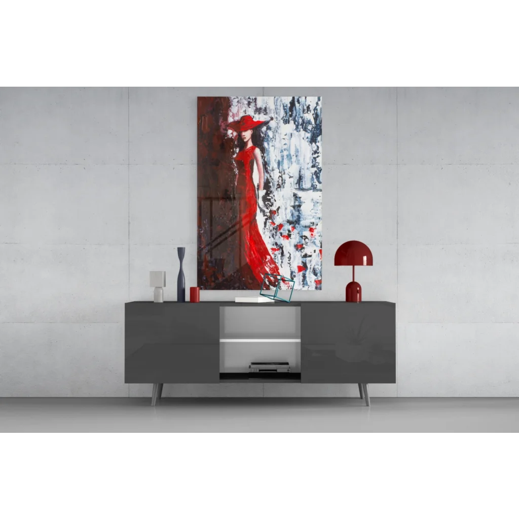 Bold Red Lady in vibrant dress on abstract canvas wall art