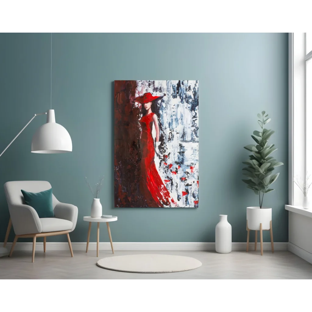 Vibrant abstract wall art of bold red lady in flowing dress and hat