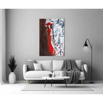Vibrant abstract wall art of bold red lady in flowing dress and hat on textured canvas