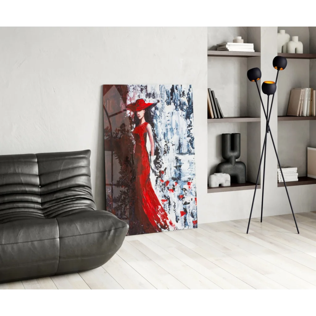 Vibrant red black abstract canvas wall art of elegant lady in gown