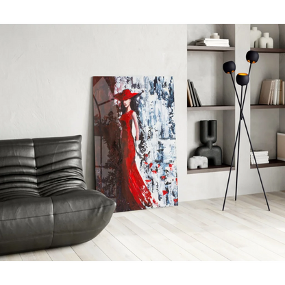 Vibrant red black abstract canvas wall art of elegant lady in gown