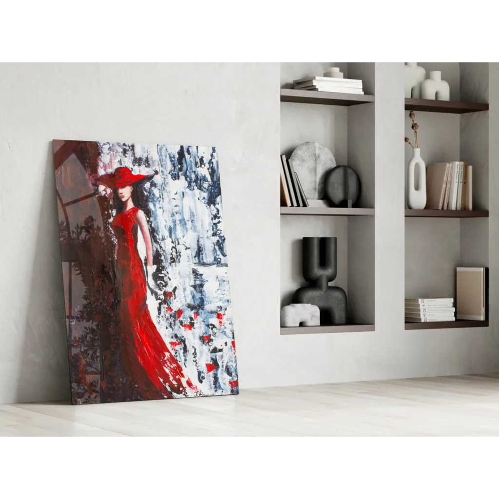 Bold red lady in abstract canvas wall art with vibrant dress and hat
