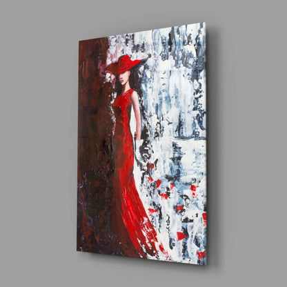 Vibrant red lady in abstract brushstrokes on canvas wall art