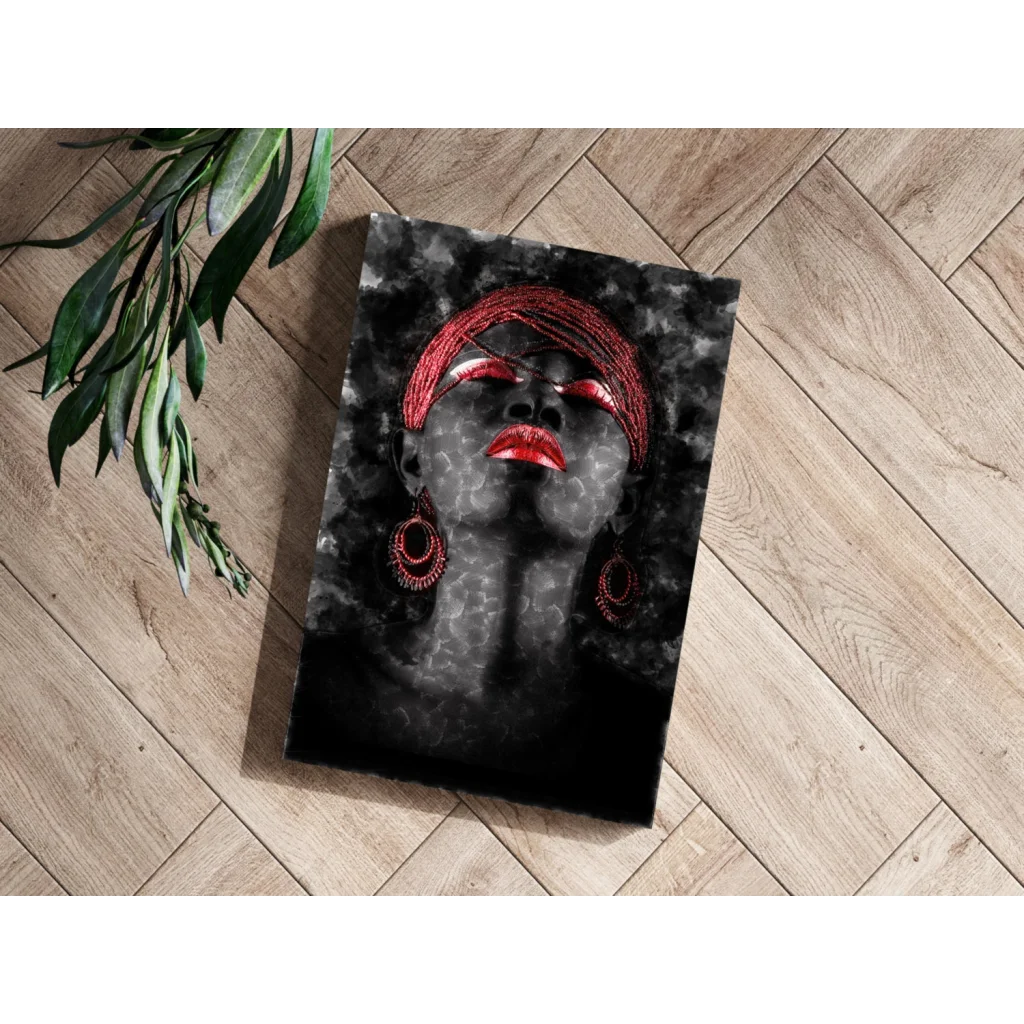 Bold red lips canvas art with glittery braids and headwrap