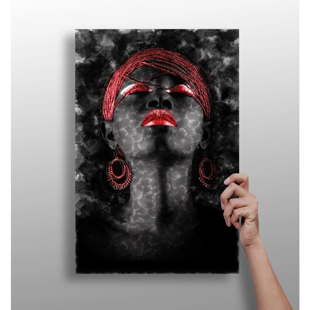 Bold red lips canvas art with glittery braids and headwrap