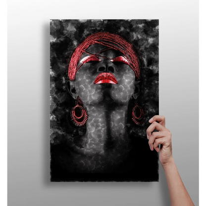 Bold red lips canvas art with glittery braids and headwrap