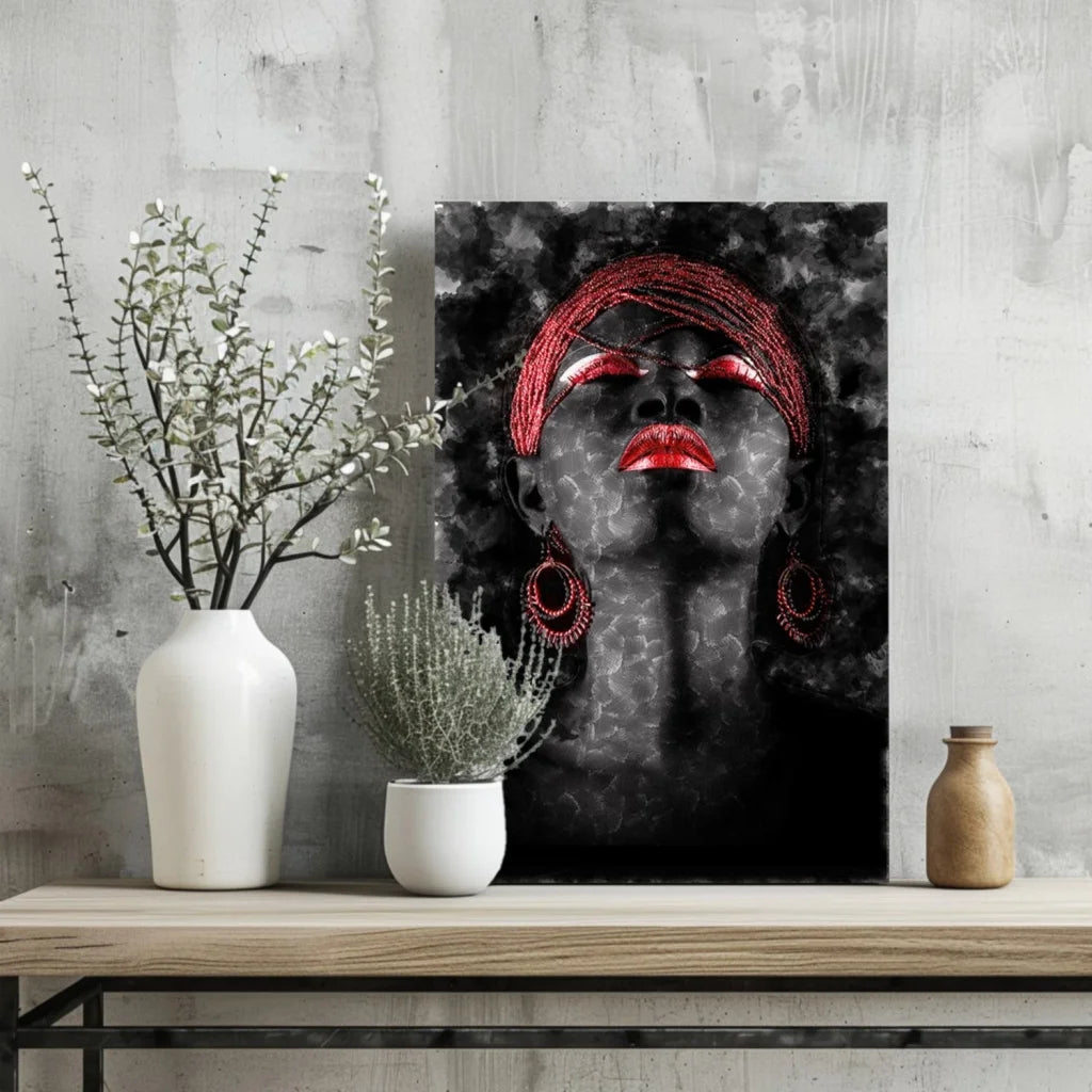 Black-and-white portrait of woman with bold red lips and glittery beaded headwrap