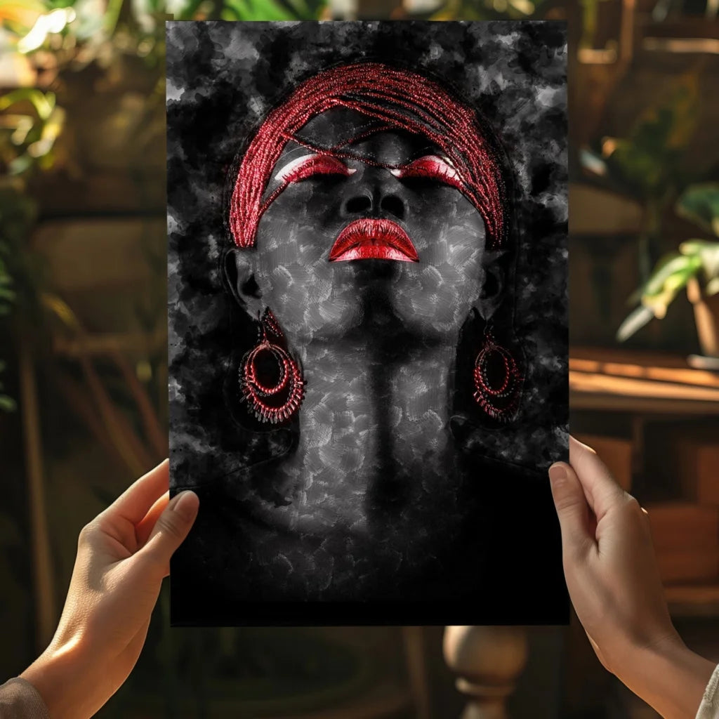 Striking black-and-red portrait of woman with bold red lips, glittery braids and headwrap