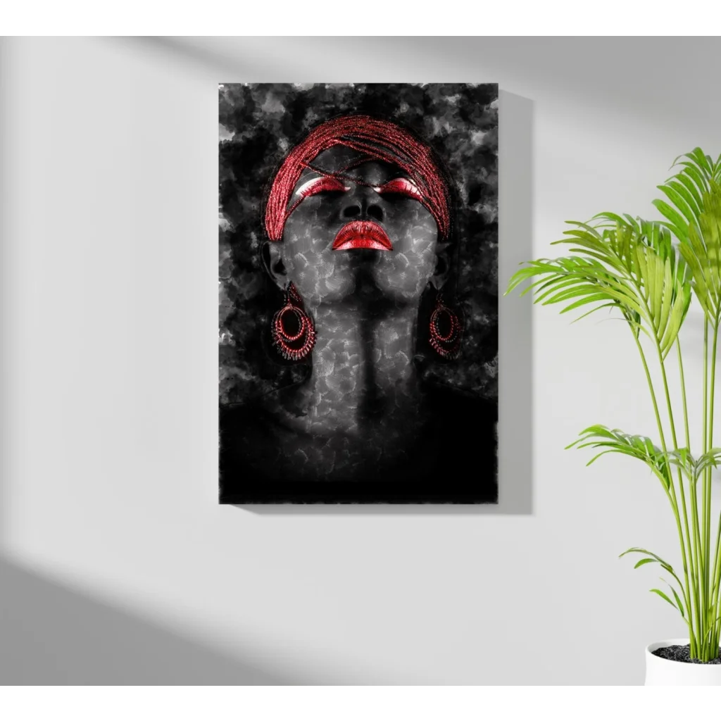 Bold red lips canvas art with glittery braids and headwrap