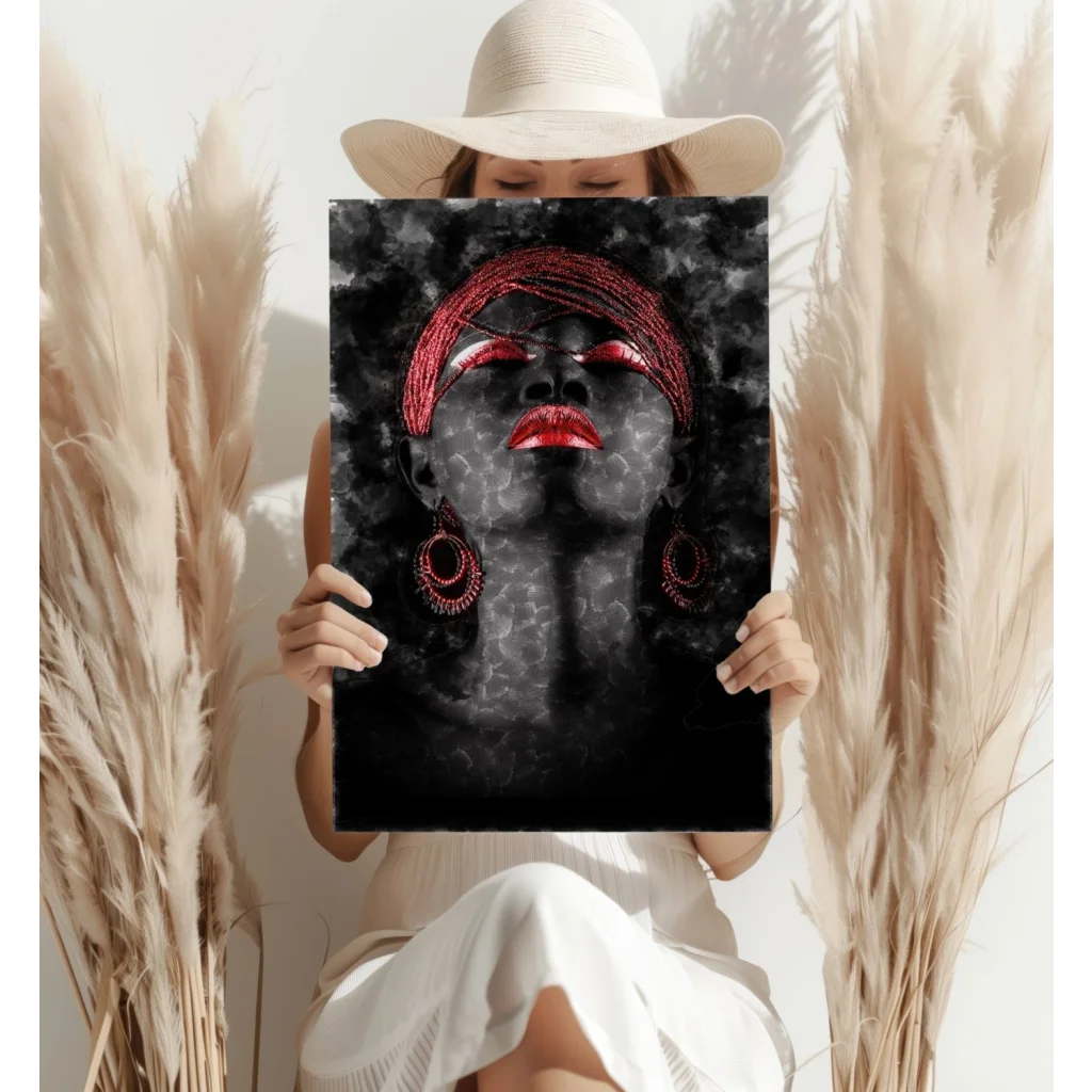 Bold red lips woman with glittery braids headwrap canvas art print