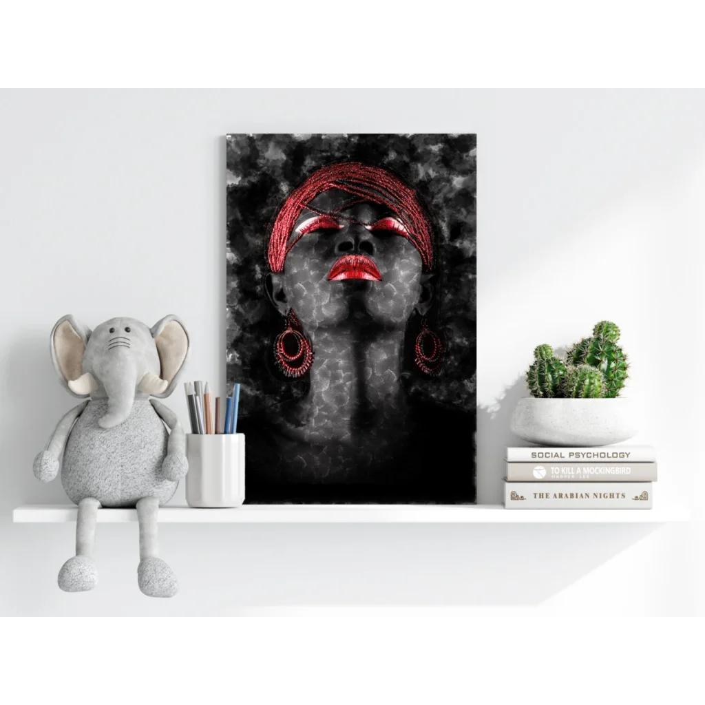 Black-and-white portrait of woman with bold red lips, glittery braids, and headwrap