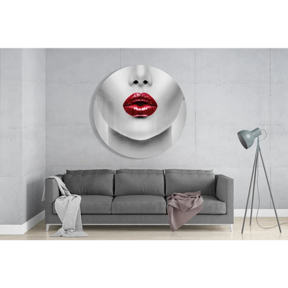 Bold red lips on silver tempered glass art circle