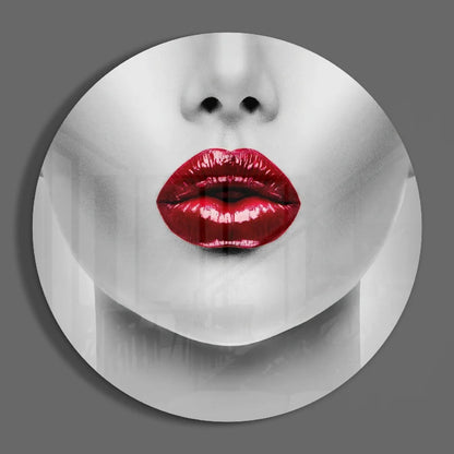 Bold red lips black-and-white portrait on tempered glass art circle