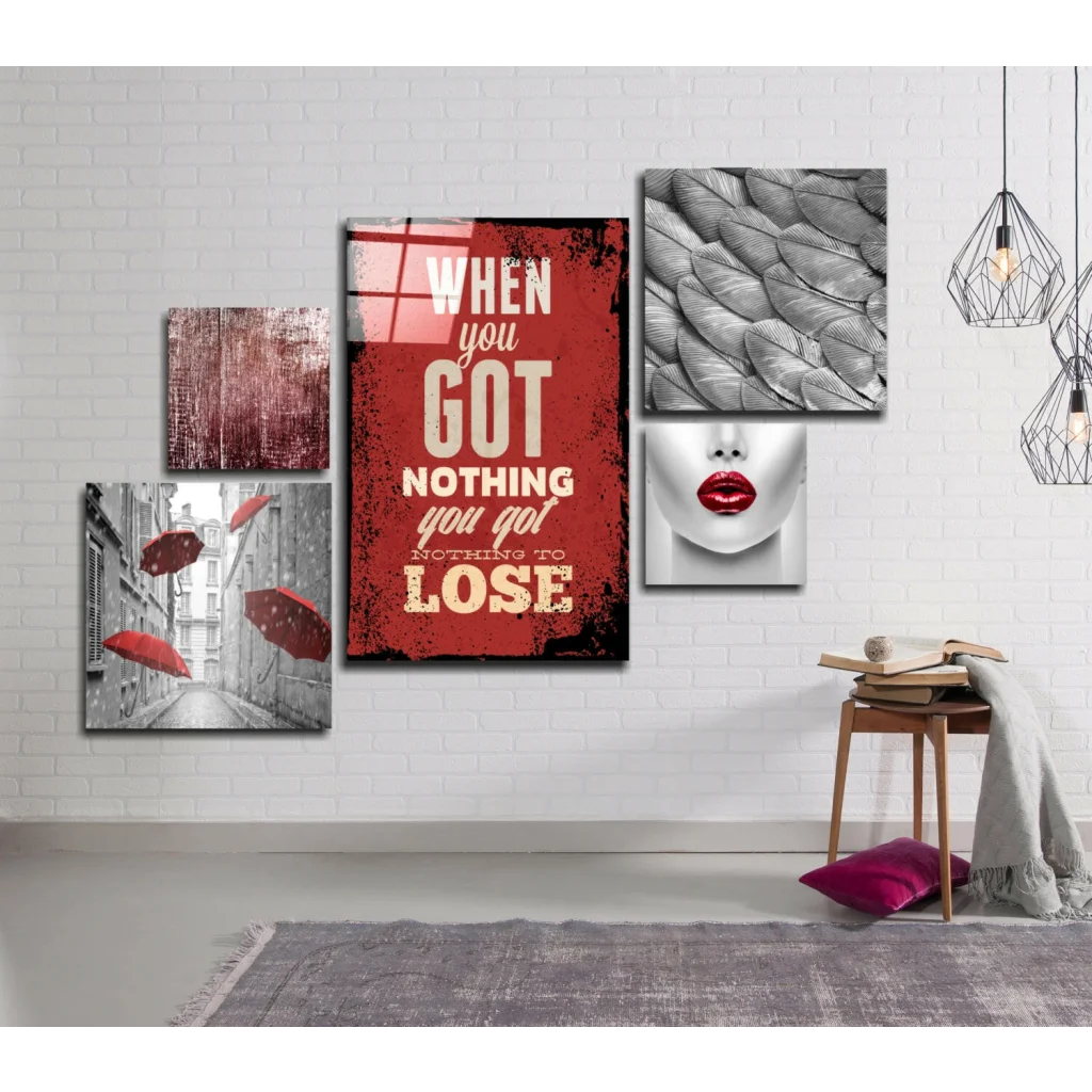 Bold red motivational glass wall art set with lips design