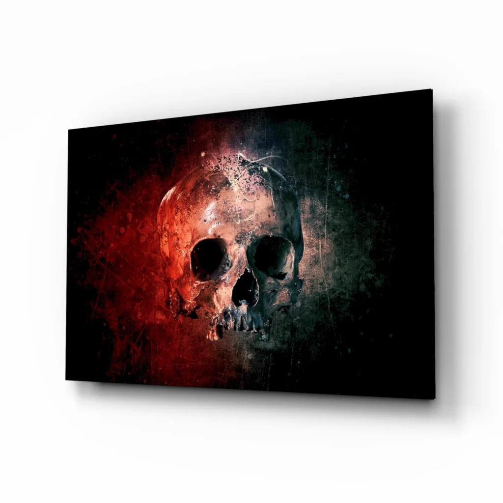 Bold red and black skull canvas wall art with abstract texture