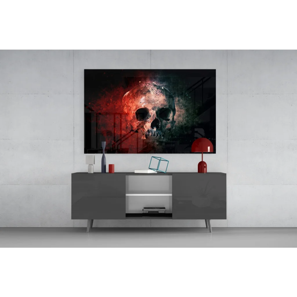 Samsung QLED TV with bold red skull glass wall art design