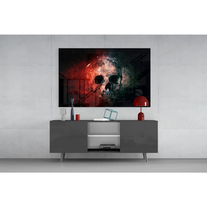 Samsung QLED TV with bold red skull glass wall art design