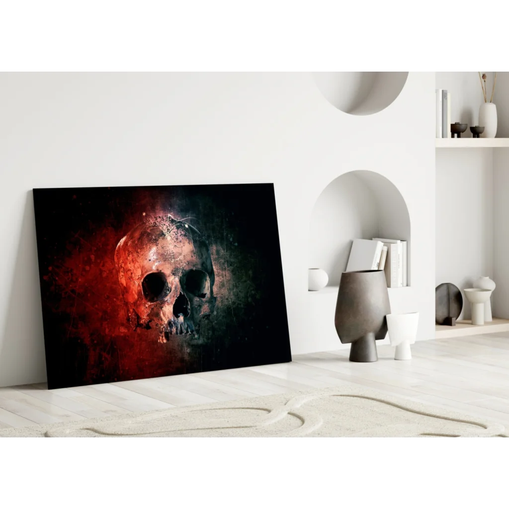 Bold red skull canvas wall art with abstract texture