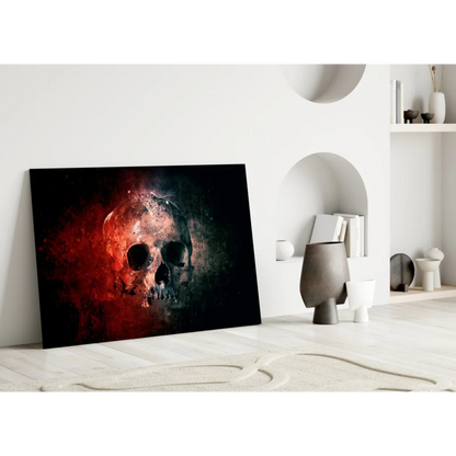 Bold red skull canvas wall art with abstract texture