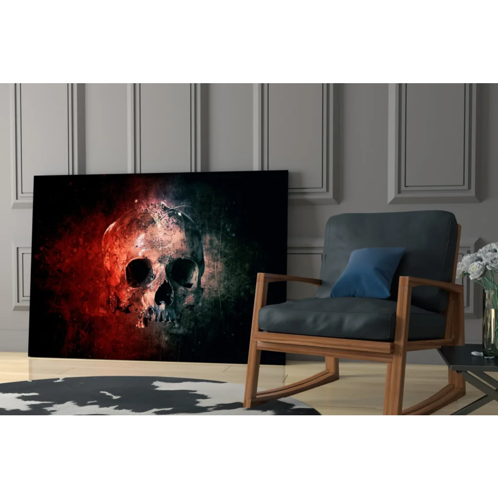 Bold black skull canvas wall art with red gray smoke design