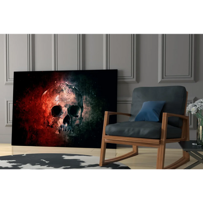 Bold black skull canvas wall art with red gray smoke design